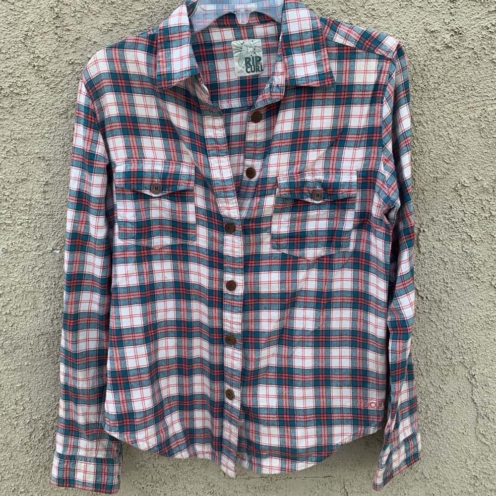 Rip Curl Peach, Cream, and Blue Plaid Flannel